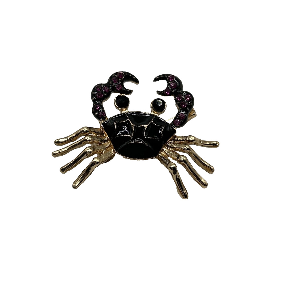Crab Black Gold Pink Rhinestone Accents Small Pin Brooch Beach Animal